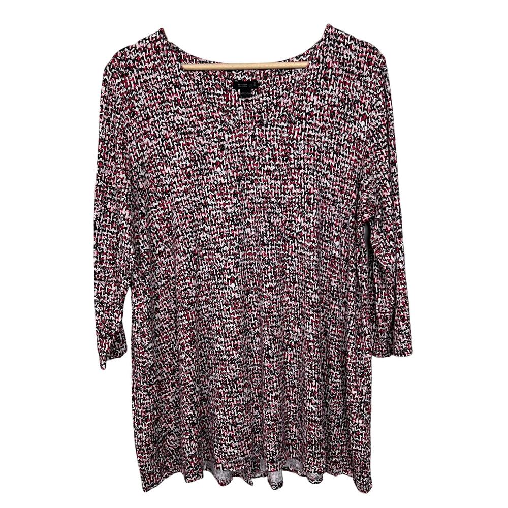 J. Jill Wearever Collection Large Stretch Jersey 3/4 Sleeve V-Neck Top Red Print